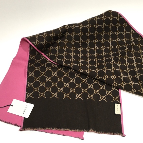 GUCCI Guccissima Wool / Silk Scarf -Brown / Pink Double Side -NWT - Picture 3 of 9
